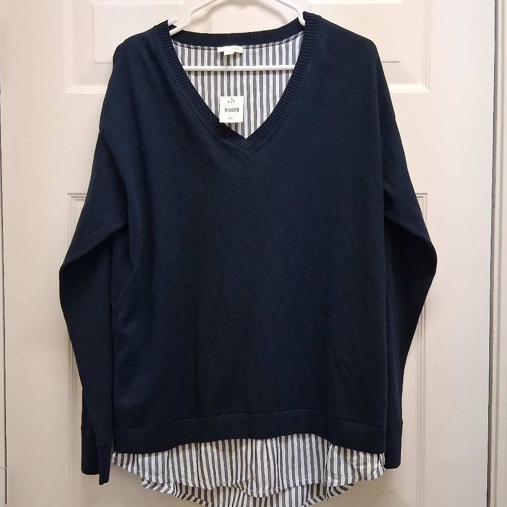 J. Jill Faux Layer Silk Blend Sweater Blue Stripe Medium Tall Preppy Office
